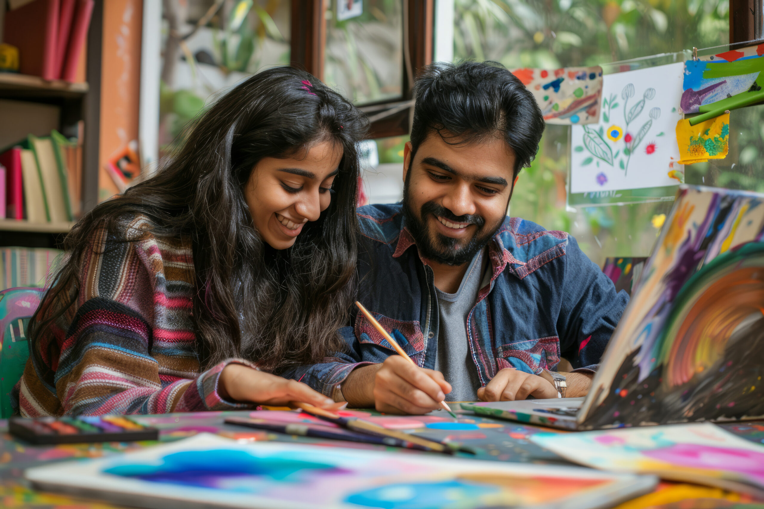 an Indian couple working on a creative painting project together at home, with canvases and brushes